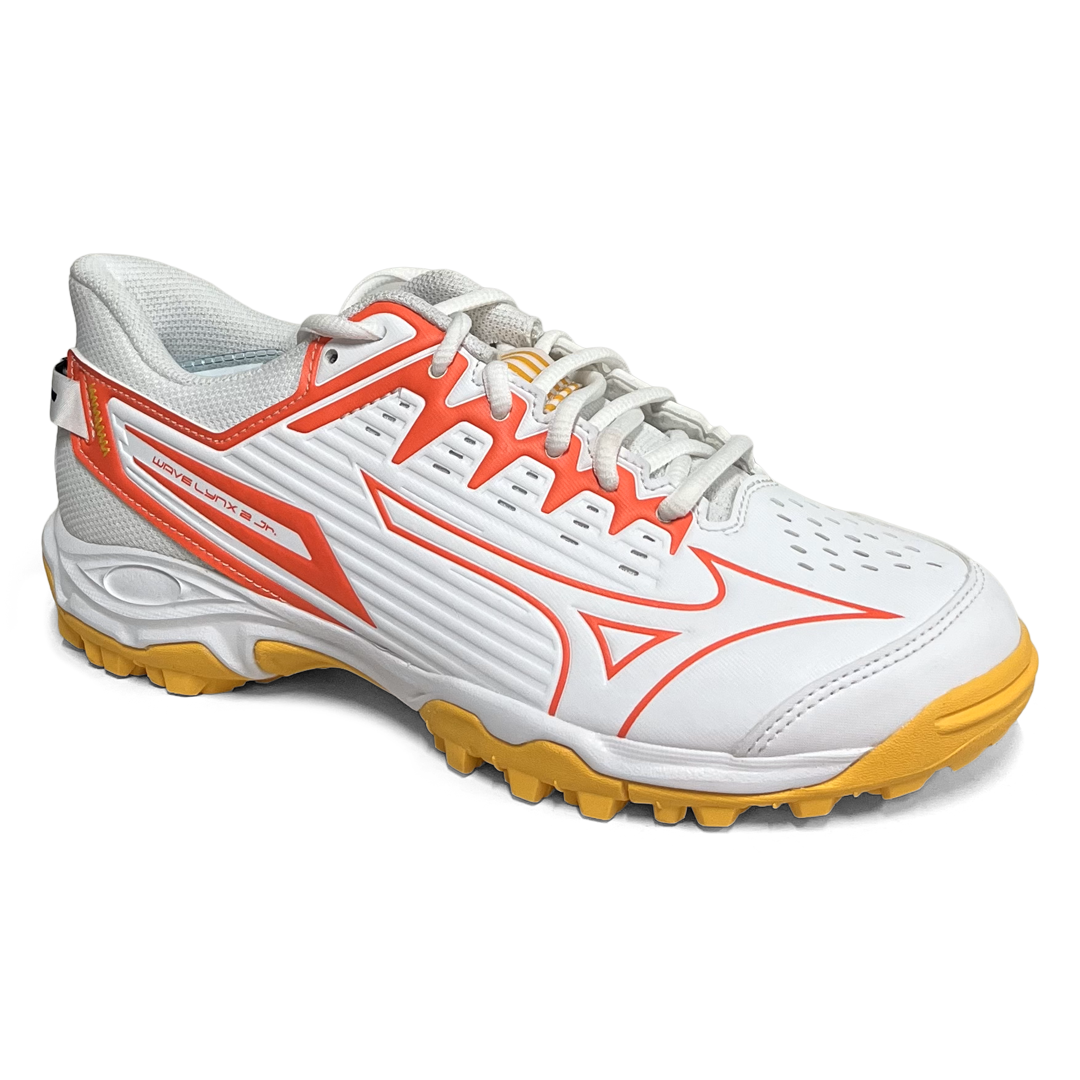 Total Hockey | Total Hockey Mizuno Lynx Jr Hockey Shoe | Mizuno Lynx Jr Hockey Shoe - White/Fiery Coral | Total Hockey